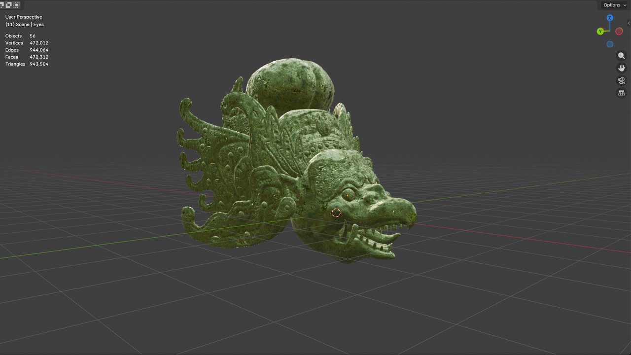 Blender viewport: a creature model with a stone material